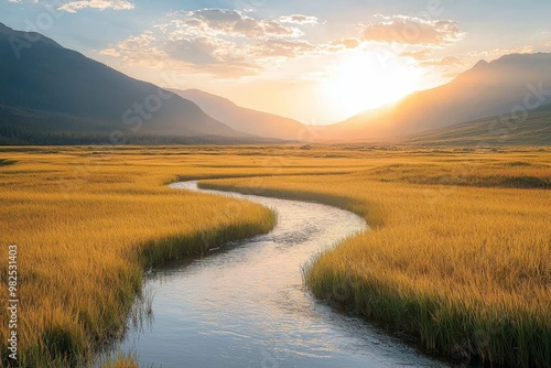 The sunset landscape in the Zelenci Springs nature reserve is stunning. There is a clear river with clear water and unspoiled natural beauty. photo