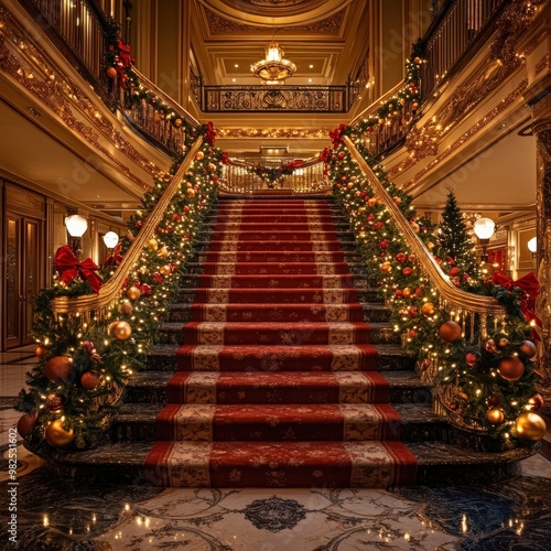 Opulent Grand Christmas Staircase with Elegant Holiday Decorations