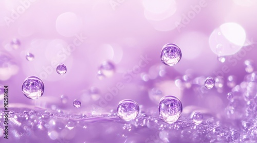 Soft pastel lilac background with scattered water bubbles.