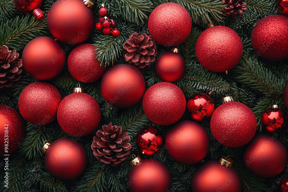 Pine tree branches with Christmas red baubles and cones. Pine tree branches with Christmas red baubles and cones.