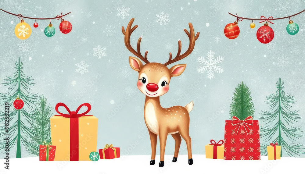 A cartoon deer stands in front of a Christmas tree and presents A cartoon deer stands in front of a Christmas tree and presents