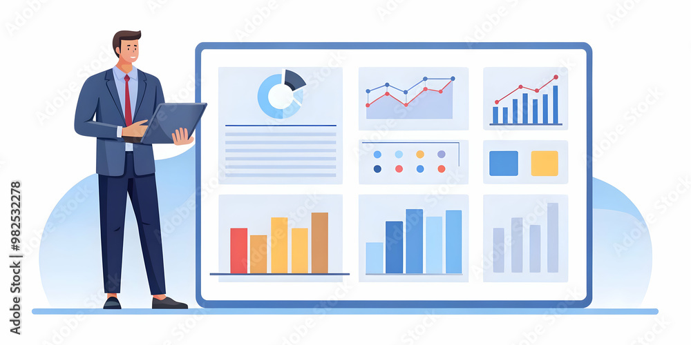 Flat Vector Illustration of a Candid Business Analyst Analyzing Coupon Impact on Retail Promotions with Digital Dashboard Insights Flat Vector Illustration of a Candid Business Analyst Analyzing Coupon Impact on Retail Promotions with Digital Dashboard Insights