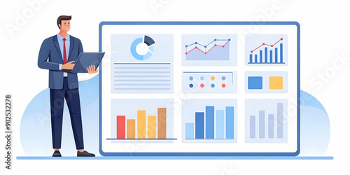 Flat Vector Illustration of a Candid Business Analyst Analyzing Coupon Impact on Retail Promotions with Digital Dashboard Insights