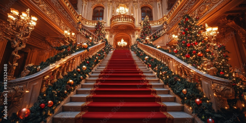 Opulent Grand Christmas Staircase with Elegant Holiday Decorations Opulent Grand Christmas Staircase with Elegant Holiday Decorations