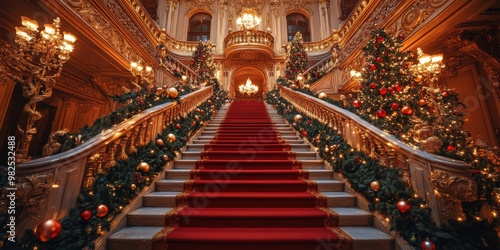 Opulent Grand Christmas Staircase with Elegant Holiday Decorations