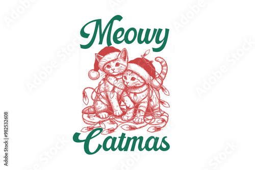 Meowy Catmas, Vintage Christmas PNG Sublimation T shirt design photo