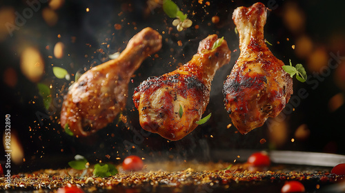 spicy grilled chicken legs flying with herbs