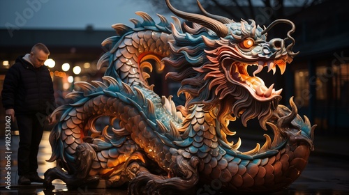 Wallpaper Mural A man stands in front of a large dragon statue Torontodigital.ca