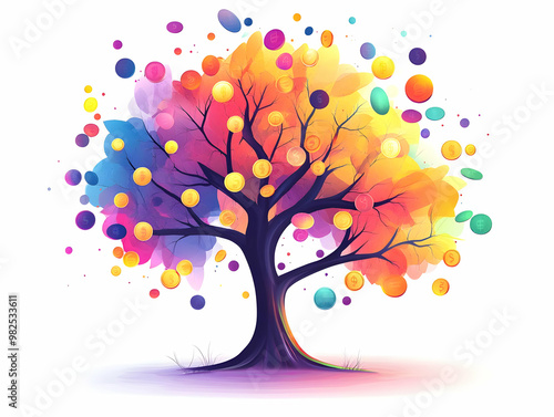 Flat Abstract Glowing Financial Tree Concept - Digital Art Symbolizing Prosperity, Savings, Spending & Profits with Bright Colors and Light Effects in a Modern Business Tone