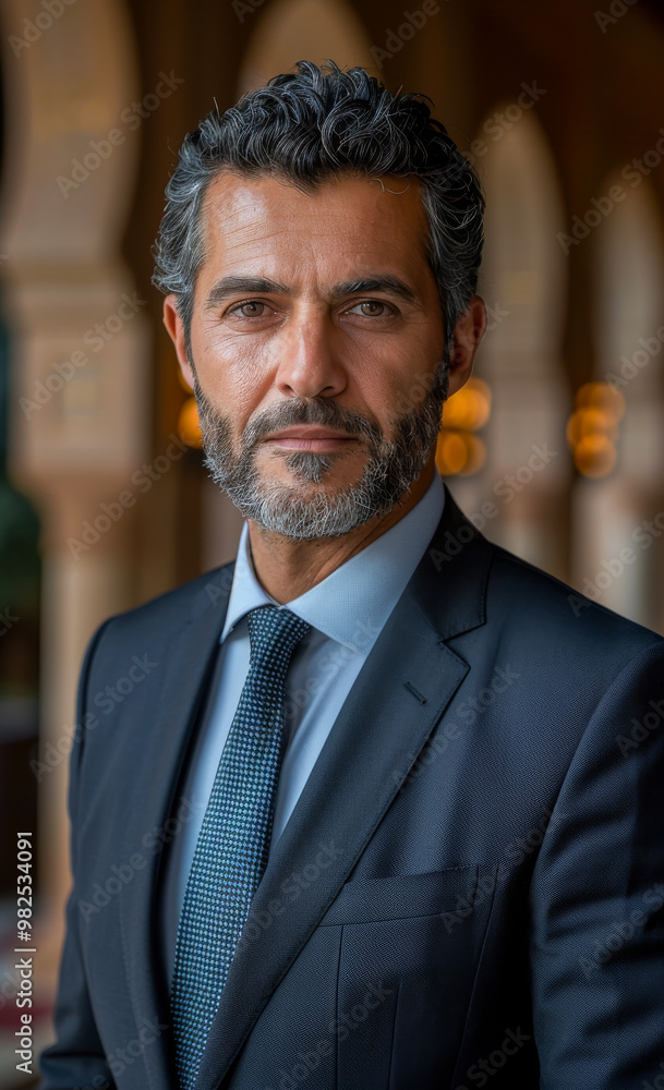 A man in a suit and tie is standing in front of a building. He has a serious expression on his face A man in a suit and tie is standing in front of a building. He has a serious expression on his face