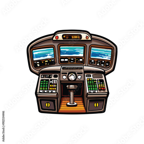 A realistic illustration of a flight simulator machine, detailed and colorful, showing the cockpit with screens, controls, and a joystick.