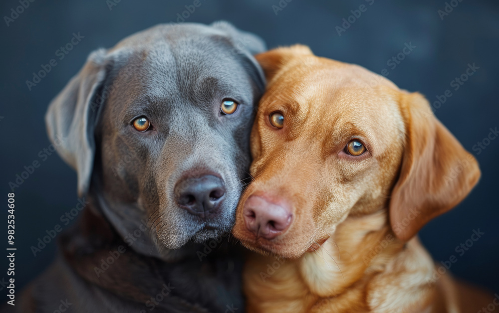 Two dogs are standing next to each other, one is brown and the other is gray. They are looking at the camera with their eyes wide open Two dogs are standing next to each other, one is brown and the other is gray. They are looking at the camera with their eyes wide open