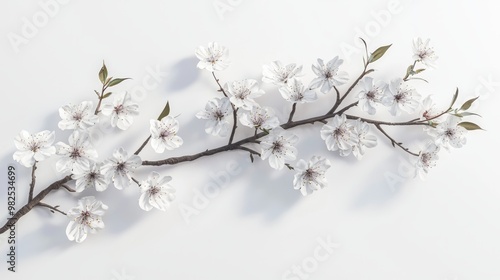 Blossoming Cherry Tree Branch in 3D Render Against White Background at 45-Degree Angle