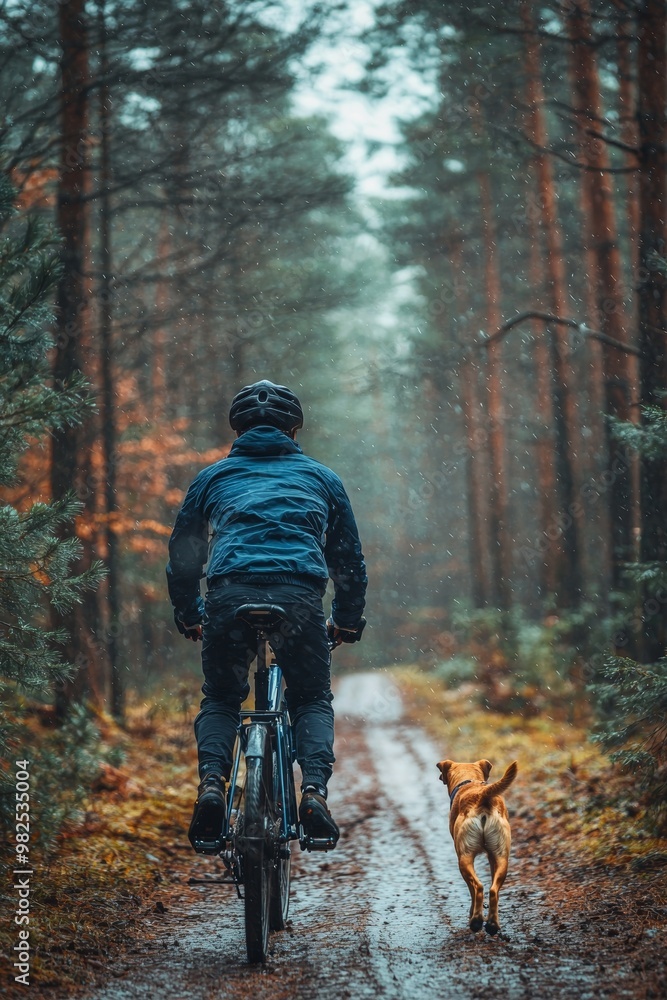 Fototapeta premium An active man cycling alongside his pet beagle dog in the forest.