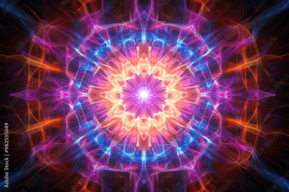 A mandala design made of colorful, glowing lines, radiating energy A mandala design made of colorful, glowing lines, radiating energy