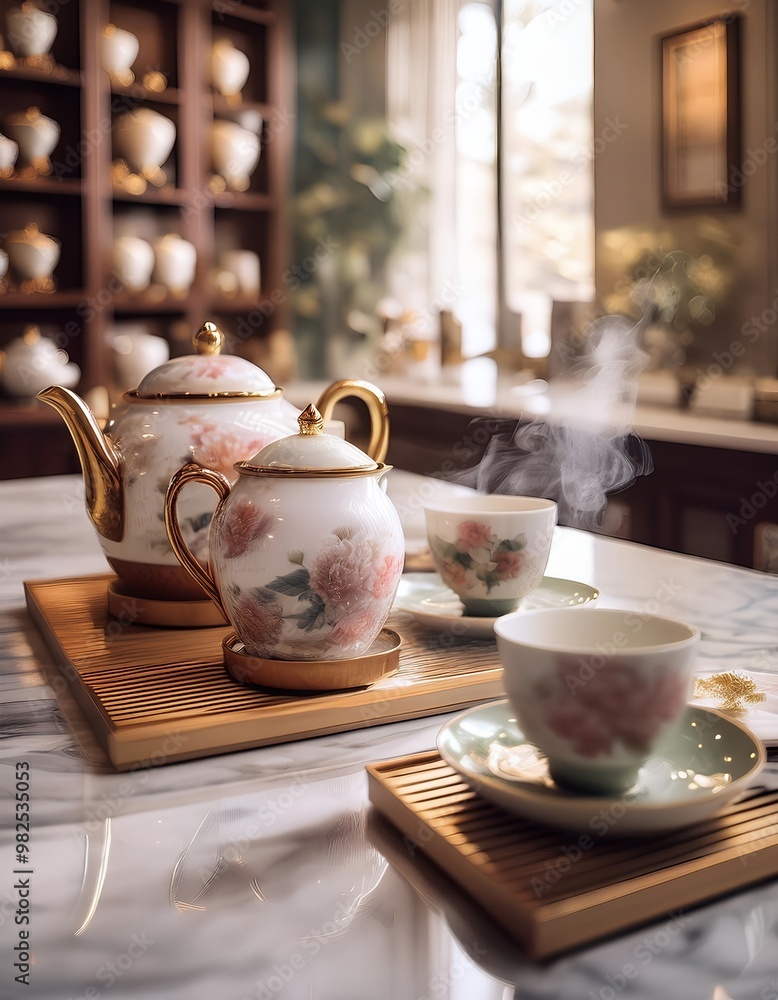 高級ティールームの大理石カウンターとティーセット | Elegant Tea Room with Marble Counter and Fine Tea Set 高級ティールームの大理石カウンターとティーセット | Elegant Tea Room with Marble Counter and Fine Tea Set