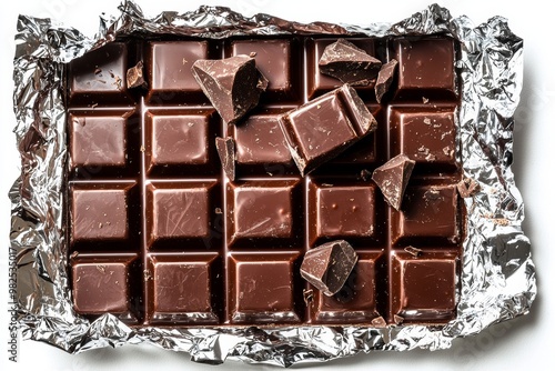 The foil wrapper of a milk chocolate bar is isolated on a white background photo