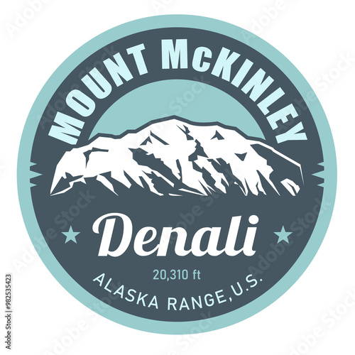 Mount McKinley stamp, Denali peak, Alaska Range emblem with snow covered mountains, vector