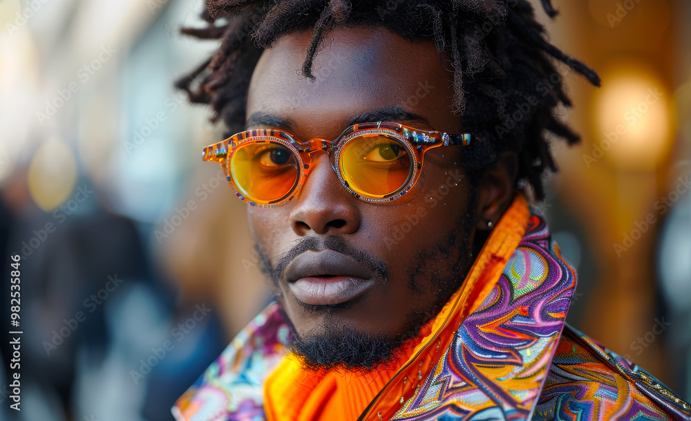 A man with dreadlocks and glasses is wearing a colorful outfit. He is wearing a scarf and a jacket