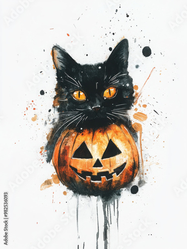 Minimalist pastel Halloween Cat wearing Jack-O-Lantern on a minimal white background