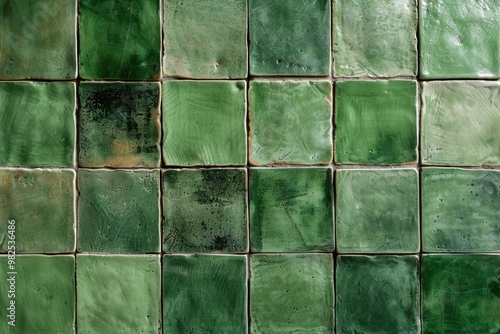 Green tiles create a textured backdrop. This photo can be used for design projects or to add a touch of rustic charm. © SY