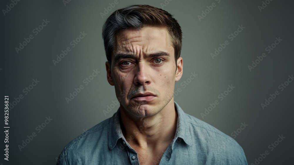 Obraz premium Young man with mixed emotions about aging, reflecting on fear of getting old, emotional struggle with aging process, website header with copy space for mental wellness themes. Generative AI