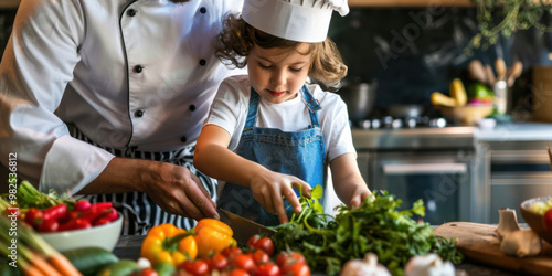 A child wearing a chef's hat and apron, learning to chop vegetables