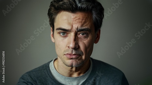 Worried young man contemplating future aging, visual dilemma of youth and old age, emotional expression of fear and anxiety, website header with copy space for personal reflections. Generative AI