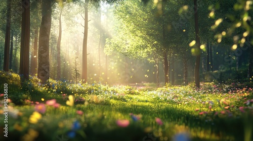 Fototapeta Naklejka Na Ścianę i Meble -  Sunlit Forest Meadow with Blooming Flowers