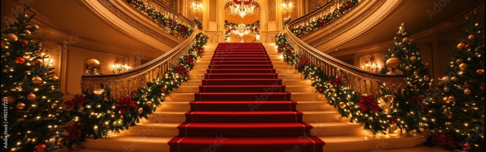 Obraz premium Opulent Grand Christmas Staircase with Elegant Holiday Decorations