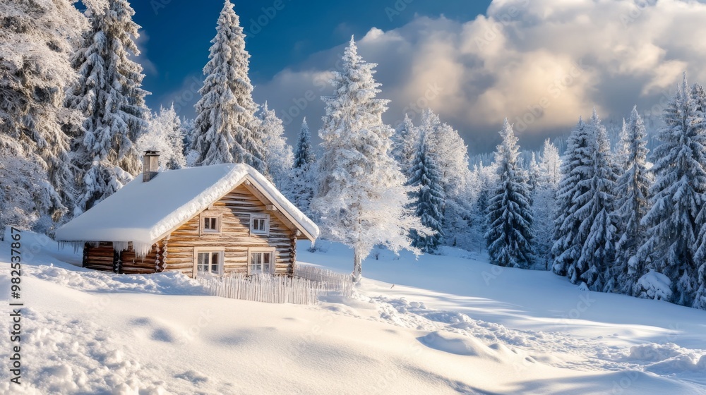 A cozy wooden cabin nestled in a snowy forest on a sunny winter day. A cozy wooden cabin nestled in a snowy forest on a sunny winter day.