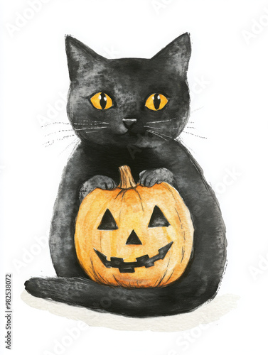Minimalist pastel Halloween Cat wearing Jack-O-Lantern on a minimal white background