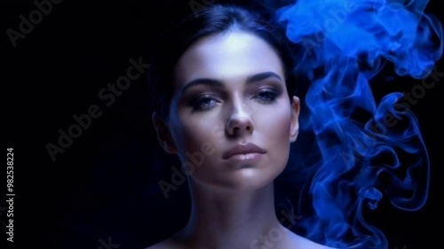 Wallpaper Mural A woman is depicted with blue smoke surrounding her face, generated by AI Torontodigital.ca