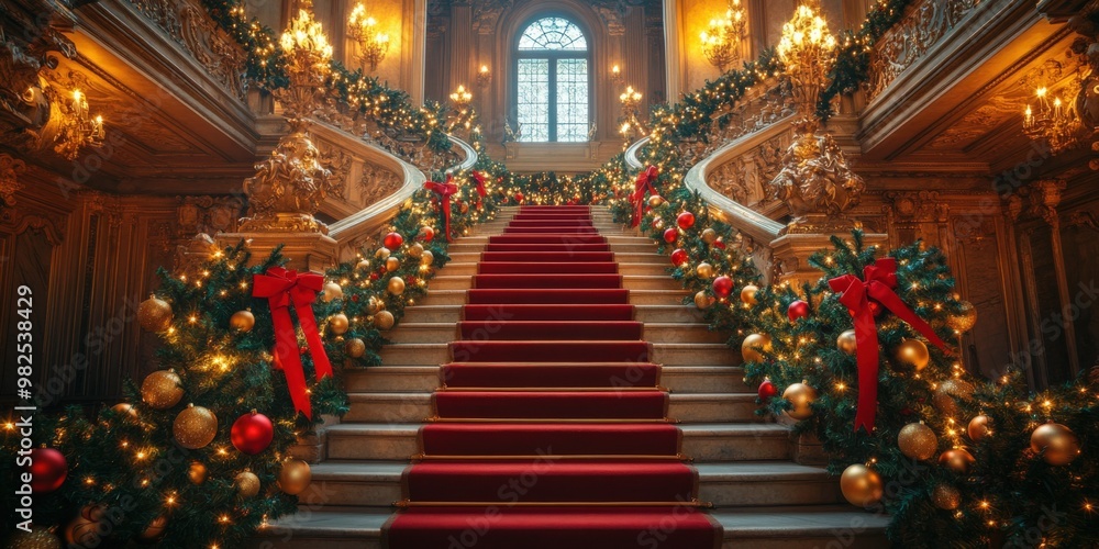 Opulent Grand Christmas Staircase with Elegant Holiday Decorations Opulent Grand Christmas Staircase with Elegant Holiday Decorations