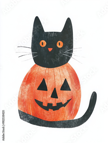 Minimalist pastel Halloween Cat wearing Jack-O-Lantern on a minimal white background