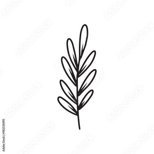 Abstract minimal branch with leaves as a symbol of autumn in in black isolated on white background. Hand drawn vector sketch illustration in doodle engraved vintage line art style. Coloring book, tea.