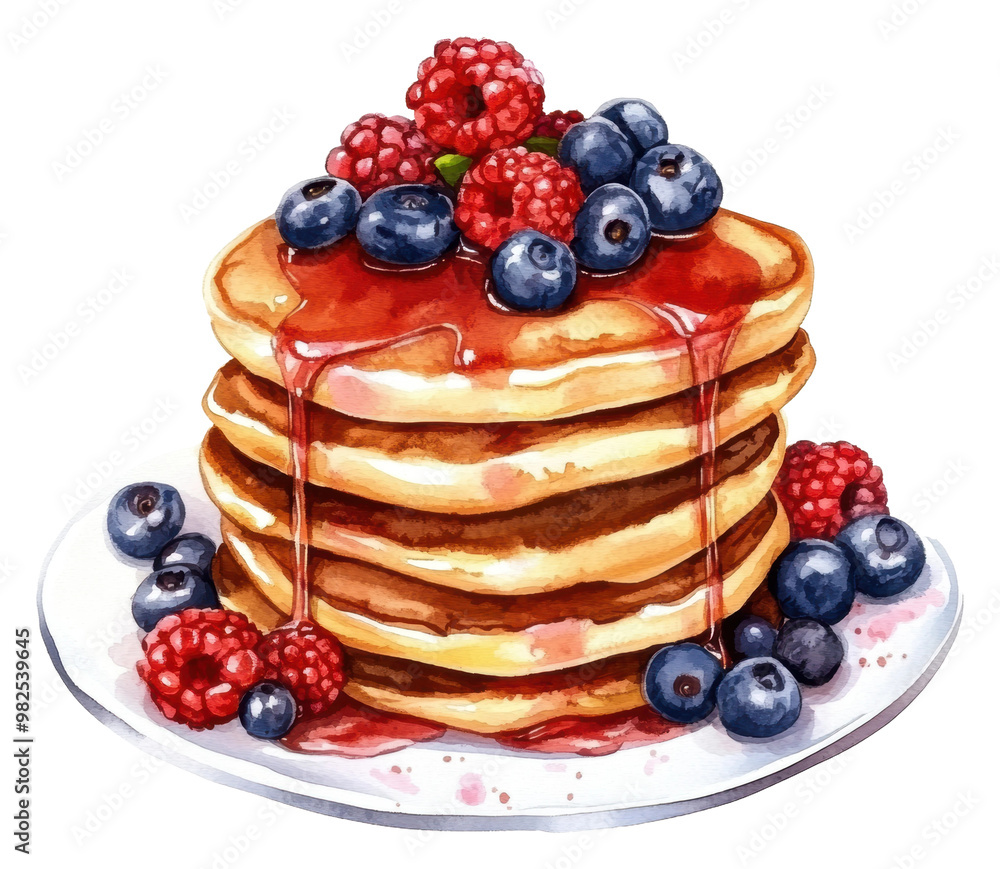 PNG Delicious stack of fluffy pancakes with berries PNG Delicious stack of fluffy pancakes with berries