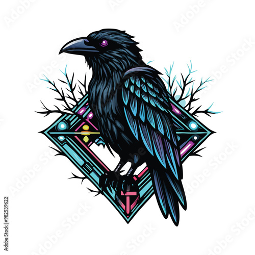 A stylized retro raven with glowing neon eyes and a geometric design in the background.