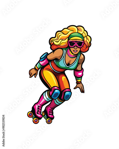 A retro roller skater girl with a 70s style. She's wearing a green and blue top, yellow pants, knee pads, pink roller skates and sunglasses.