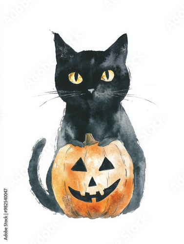 Minimalist pastel Halloween Cat wearing Jack-O-Lantern on a minimal white background
