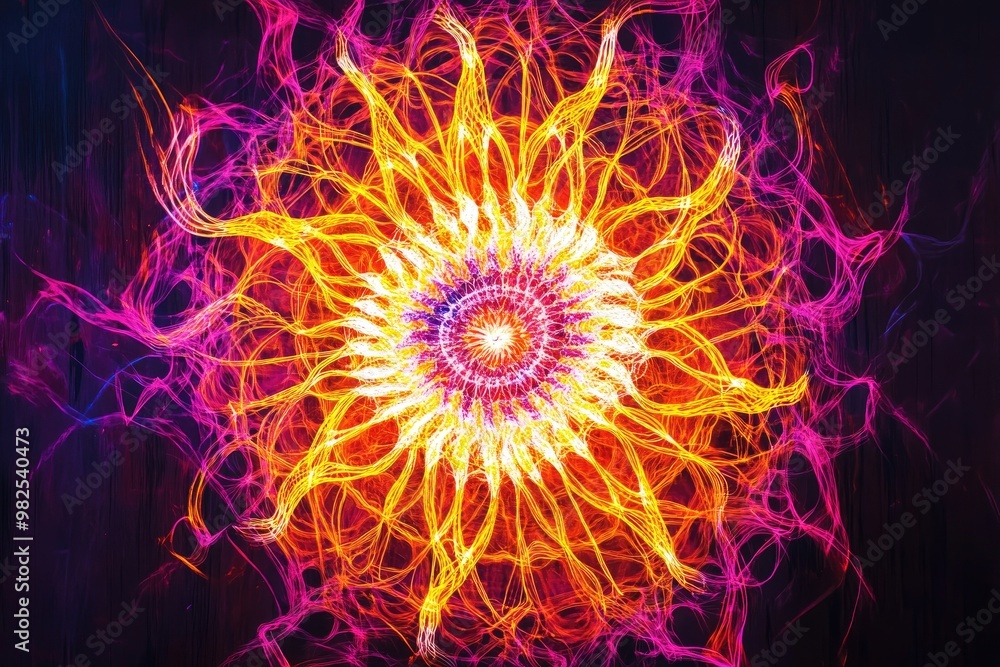 A mandala design made of colorful, glowing lines, radiating energy A mandala design made of colorful, glowing lines, radiating energy