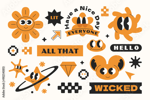 Vintage stickers collection. Gen z and millenials vintage word quotes slang. Abstract character design. Y2k style art.