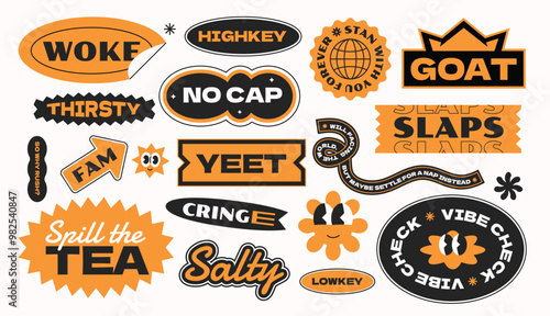 Funny vintage collection stickers. Gen z word quotes slang. Vector set isolated background. 