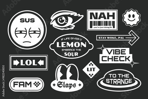 Black and white vintage stickers collection. Gen z and millenials vintage word quotes slang. Abstract character design. Y2k style art monochrome