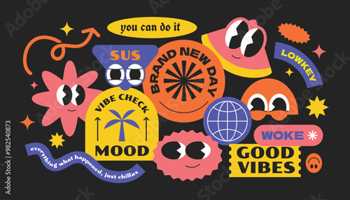 Cool and funny retro collection stickers. Gen z and millenials vintage word quotes slang. Abstract character design. Y2k style art