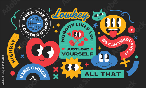 Funny vintage collection stickers. Gen z and millenials word quotes slang. Abstract character art design. Y2k vibrant style. Vector set isolated background.