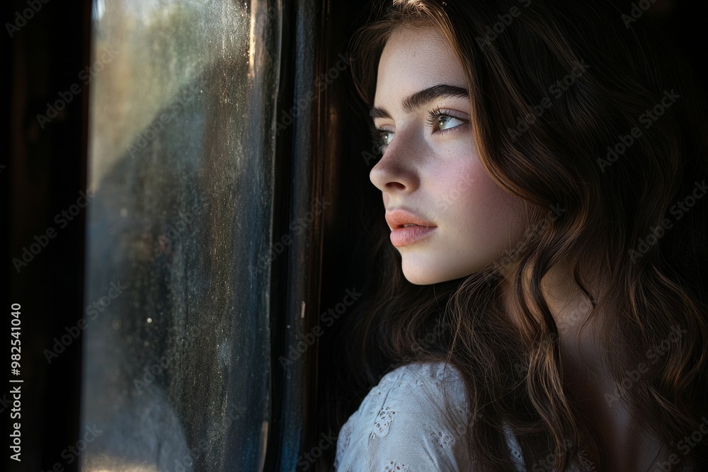 Fototapeta premium woman portrait looking out train window