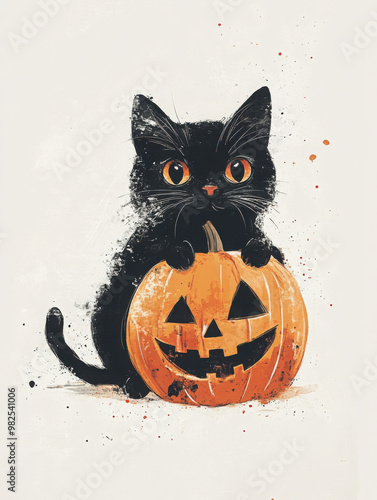 Minimalist pastel Halloween Cat wearing Jack-O-Lantern on a minimal white background