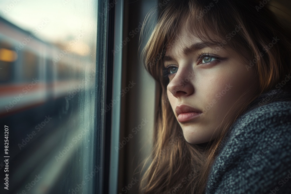 woman portrait looking out train window woman portrait looking out train window