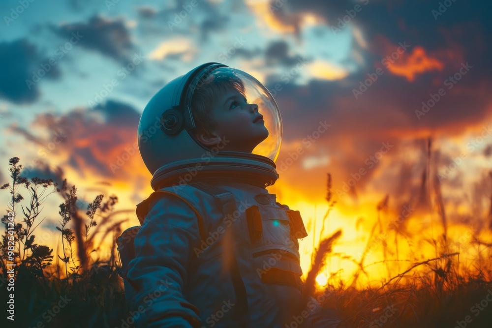 A child dressed as an astronaut gazes at the colorful sunset. Imagination takes flight in this dreamy scene. Adventure awaits in every bright hue. Generative AI
